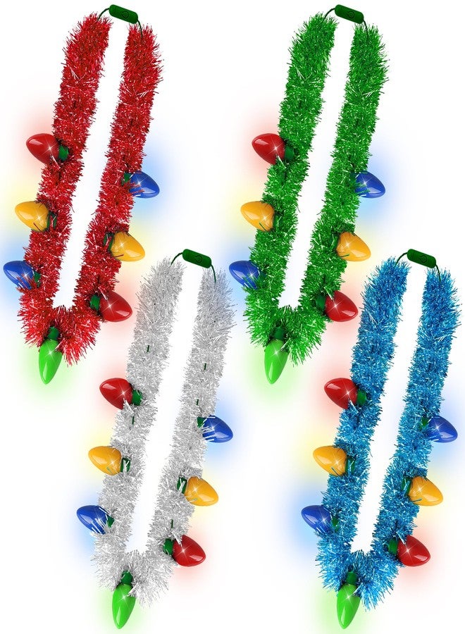 EOBOH Light up Christmas Necklace, 4PCS Tinsel Christmas Necklaces Accessories, 7 Bulb Xmas Red Yellow Blue Green Silver Necklaces Party Supplies, 3 Modes Necklace Accessories for Xmas Ugly Sweater New Year - Image 1